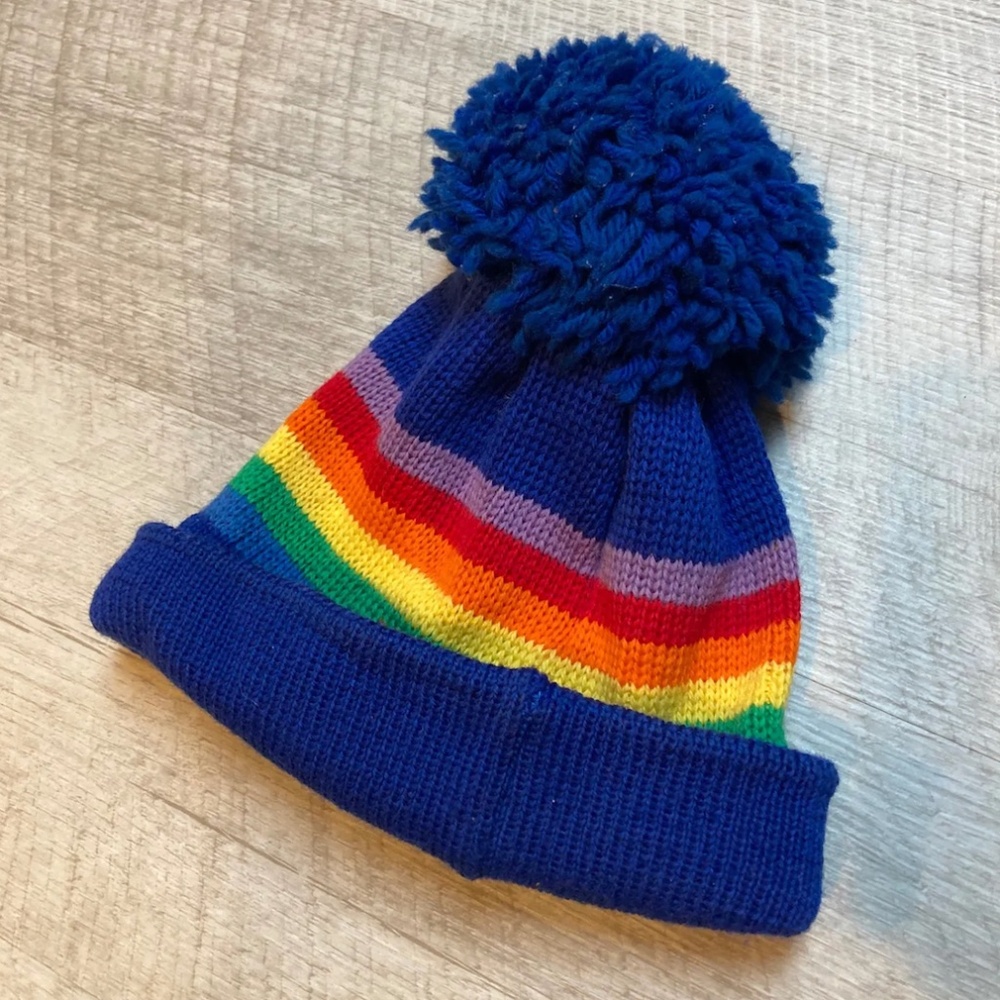 Colorful Rainbow Knit Hat with Pom-Pom